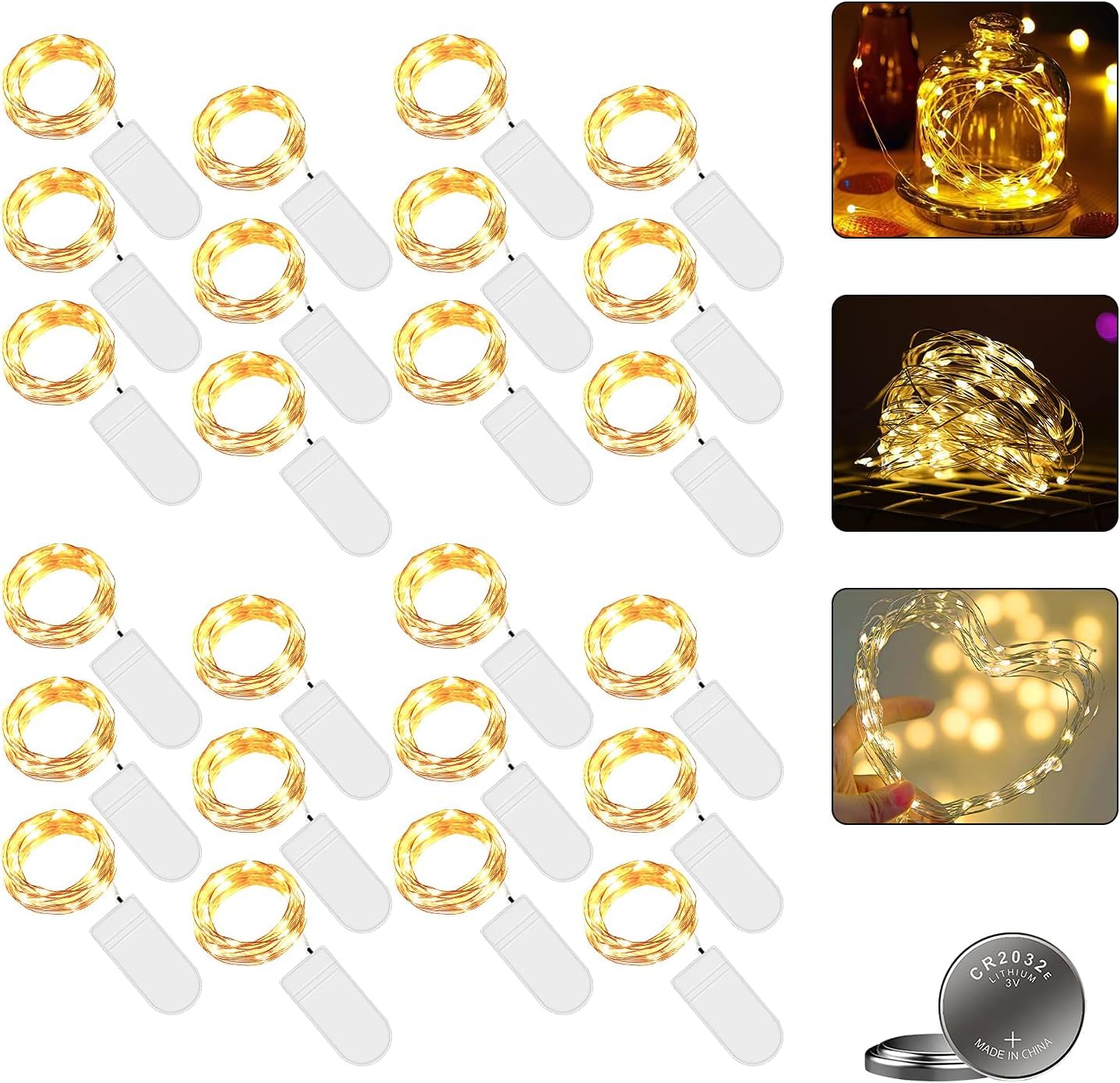 Cadena de luces LED con pilas, 24 unidades, 2 m, 20 LED, funciona con micro pilas, cobre, luz blanca cálida, iluminación navideña para habitaciones, interiores, Navidad, exteriores, fiestas, bodas,