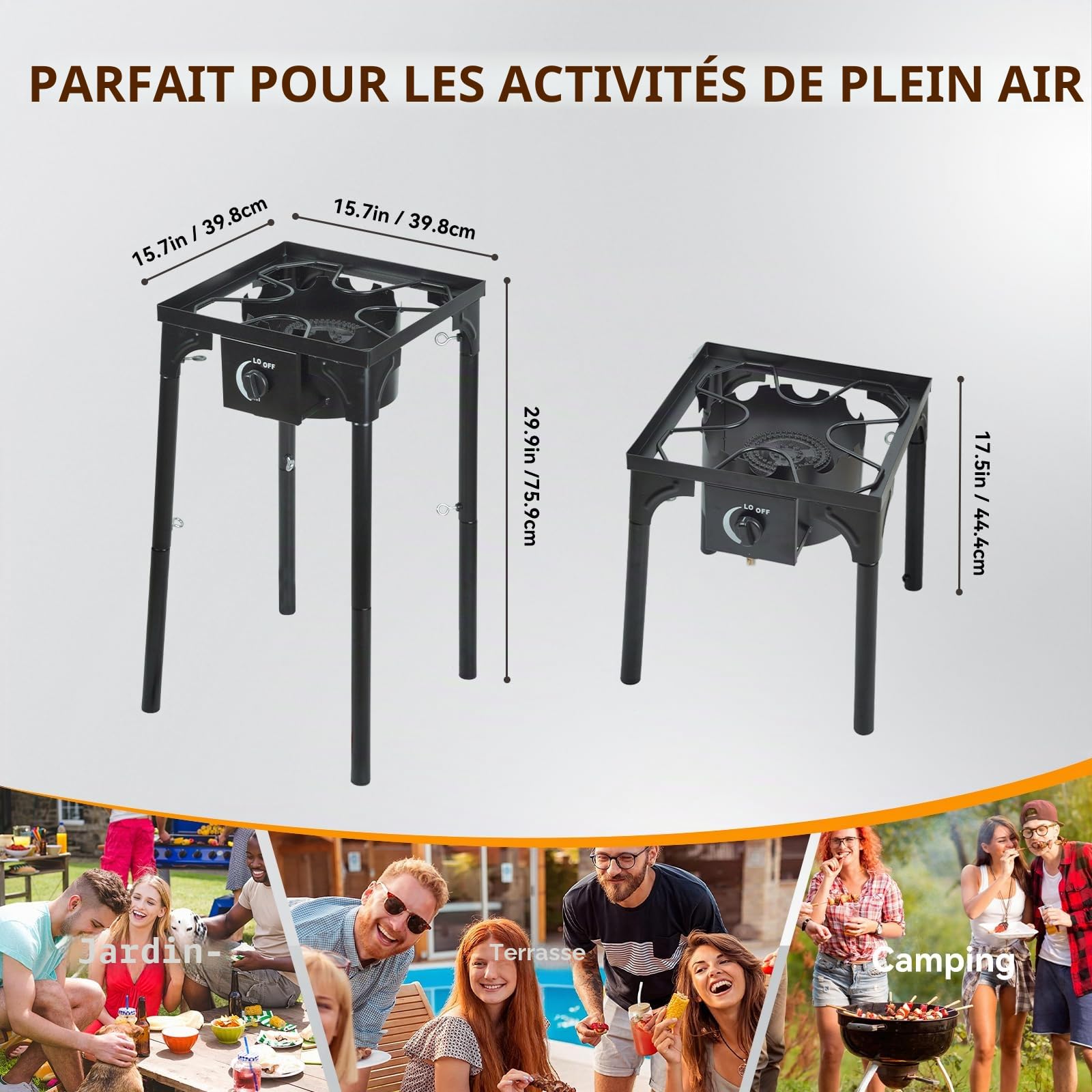 BACOENG Réchaud gaz 10KW avec pieds amovibles trépied extérieur 1.5m tuyau régulateur 50 mbar