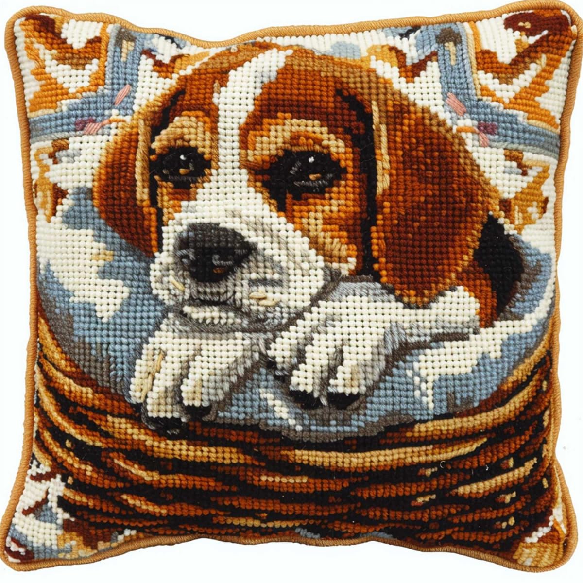 RKFLGEW DIY knüpfen set kissen Beagle Tier knüpfhaken set Süßer Hund DIY Knüpfkissen，Überwurfkissen，Matte，Stickerei-Bastelsets für Anfänger mit aufgedrucktem Muster，Heimdekoration 43x43cm
