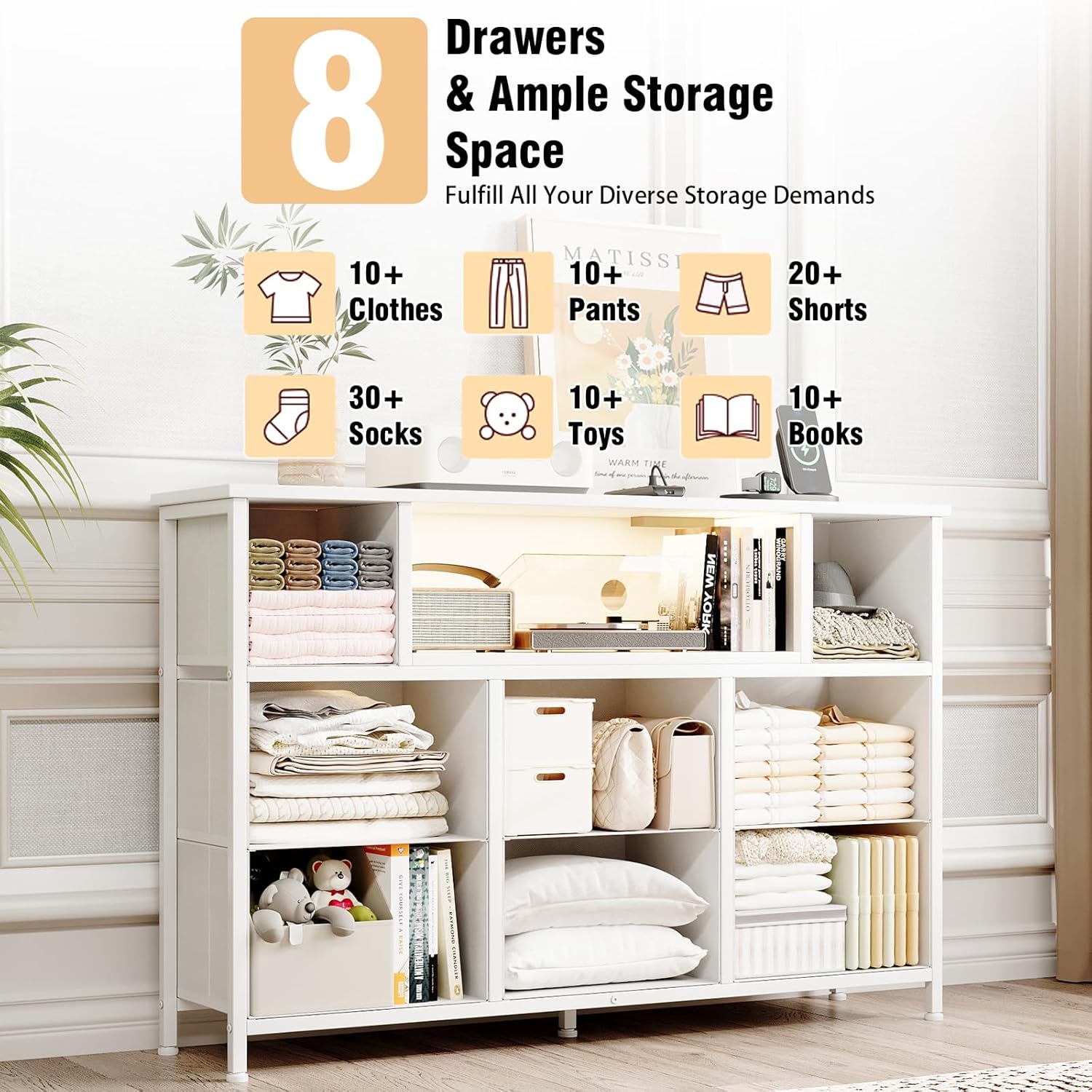 Flrrtenv dresser with 8 fabric drawers, showcasing ample storage space for various items.