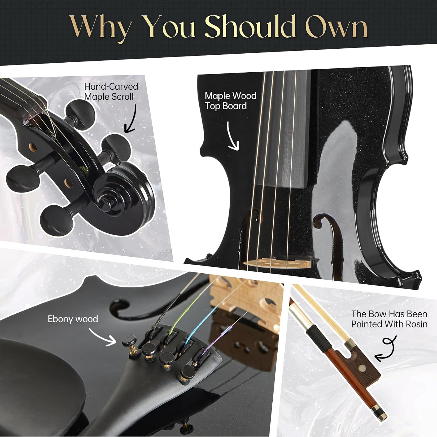 Prism Series 4/4 Solid Wood Violin – Colorful Finish, Ebony Fittings, Student Full-Size Violin Starter Kit with Tuner, Shoulder Rest & Extra Strings (Black)