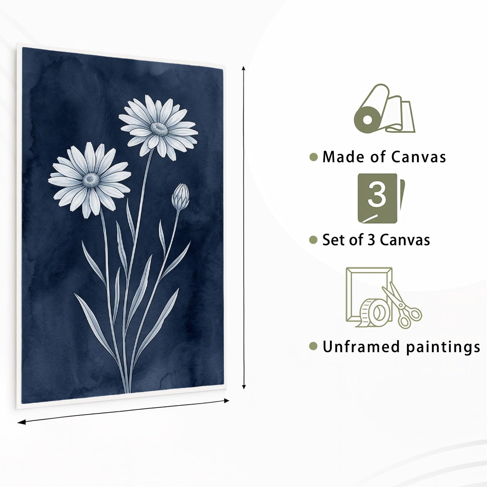 Générique Set de 3 Pièces de Décoration Murale Rustique Dessin À La Craie, Impressions Bleu Marine Marguerite Pissenlit Toile Peinture Triptyque pour Salon Chambre Bureau et Salle à Manger 50 x 70 cm