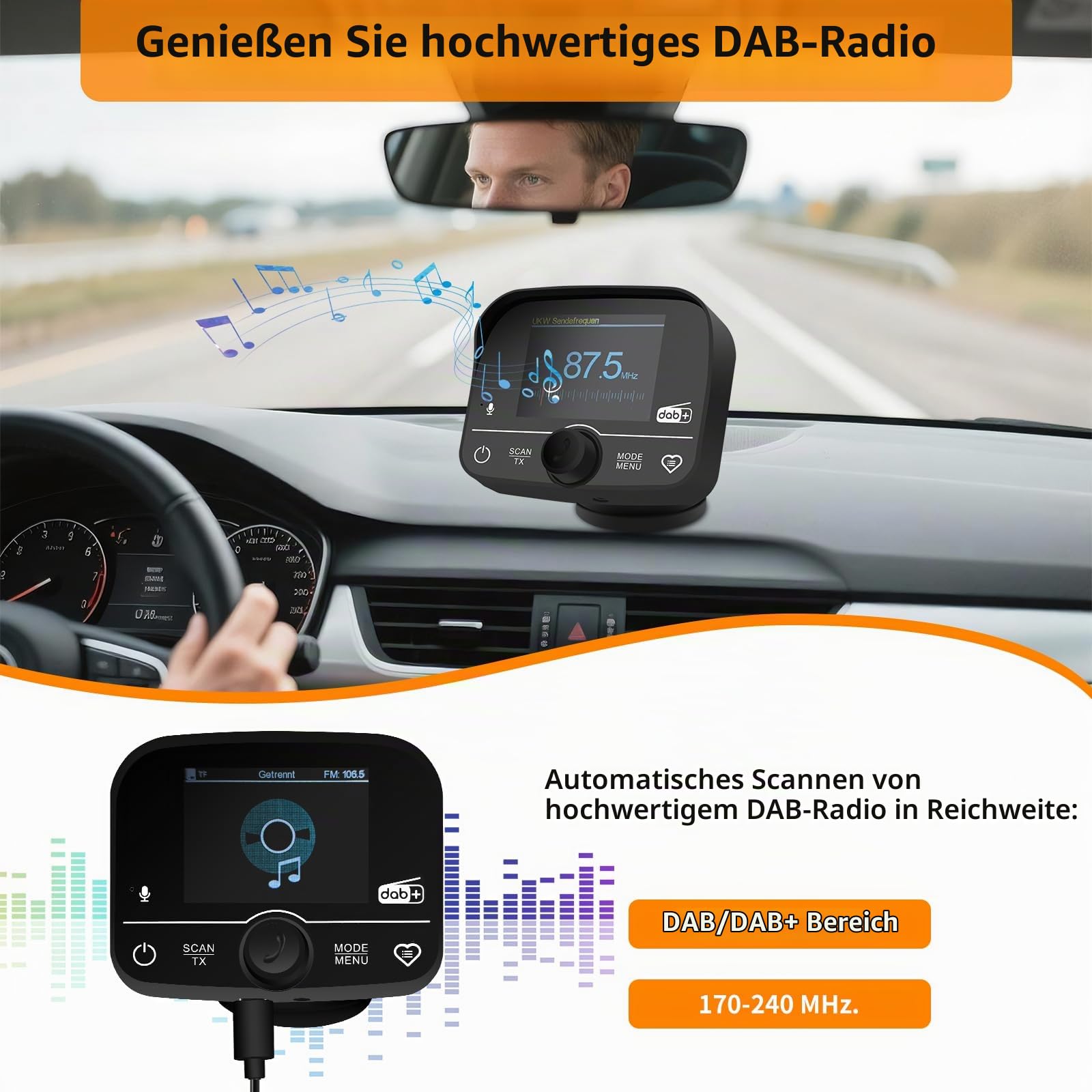 Plug&Play DAB Adapter für Autoradio,DAB Adapter Stereoanlage mit 2,4 LCD-Display,FM-Transmitter+Autoradio Bluetooth Freisprecheinrichtung DAB+Aux In/Out+TF Musikplayer,Schwarz