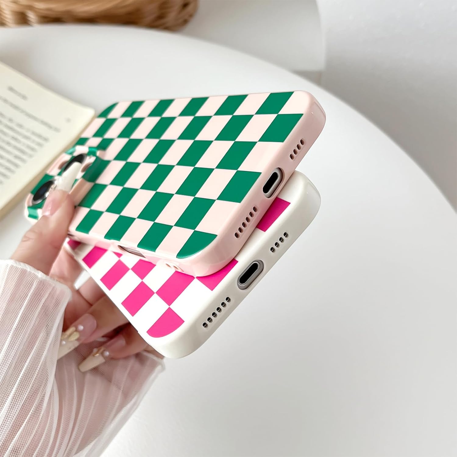 Skyseaco Compatible with iPhone 16 Pro Max Case Cute Checkerboard Checkered Pattern Design Soft Slim TPU Phone Case Shockproof Full Camera Protection for Women Girls - Pink&Green - Image 6