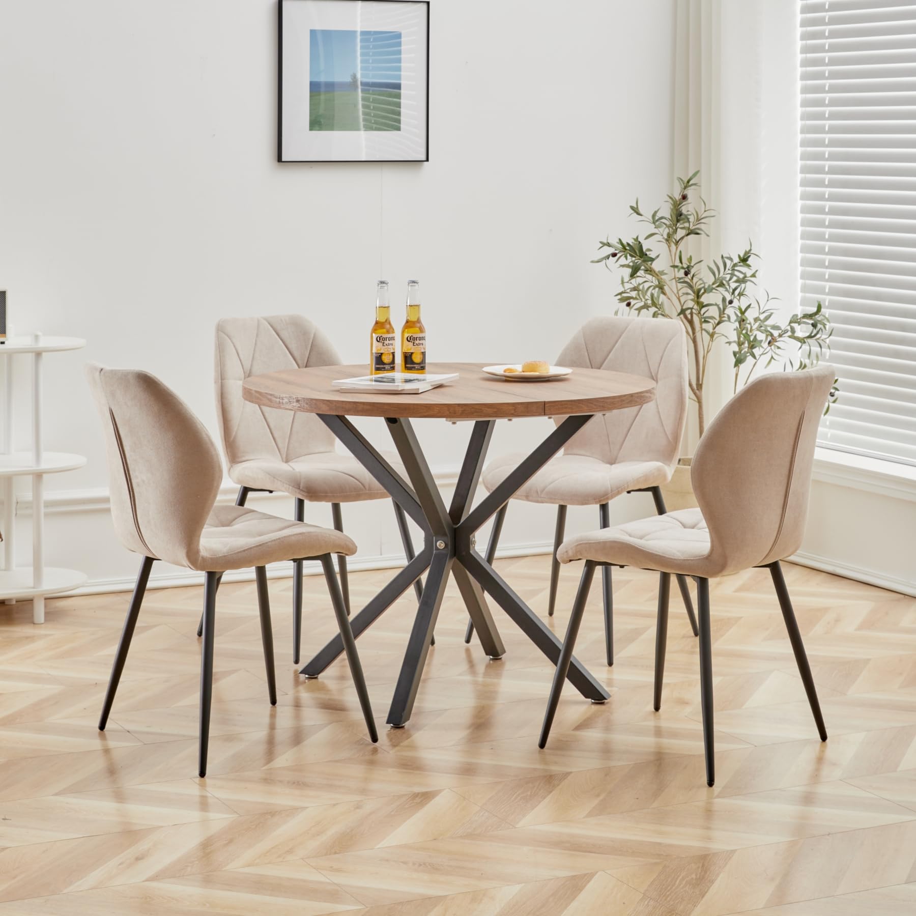 Juego de 6 Silla de Comedor, Silla de Cocina de Tela de Lino con Enrejado, Silla Tapizada Rellena de Esponja de Rebote de Alta Densidad, Adecuada para Comedor, Cocina, Sala de Estar - Beige