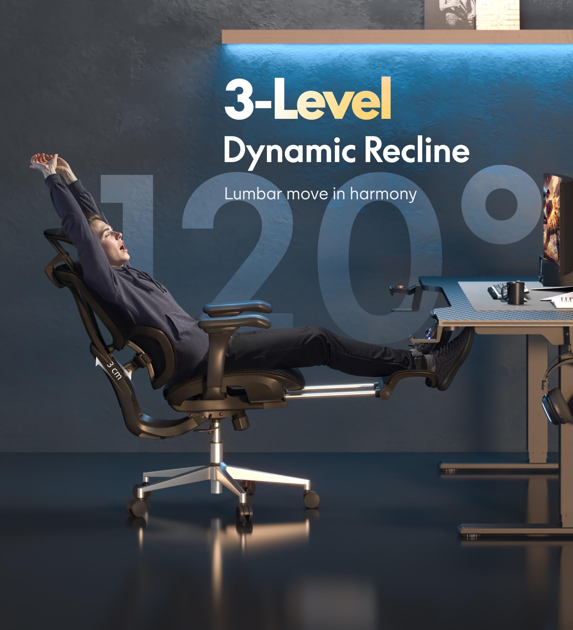 FLEXISPOT OC8 Silla Escritorio con Reposapiés, Silla Ergonomica Escritorio con Soporte Lumbar de Doble ala, Reposacabezas 3D, Respaldo 3 Niveles y Asiento de Profundidad Ajustable, Negro