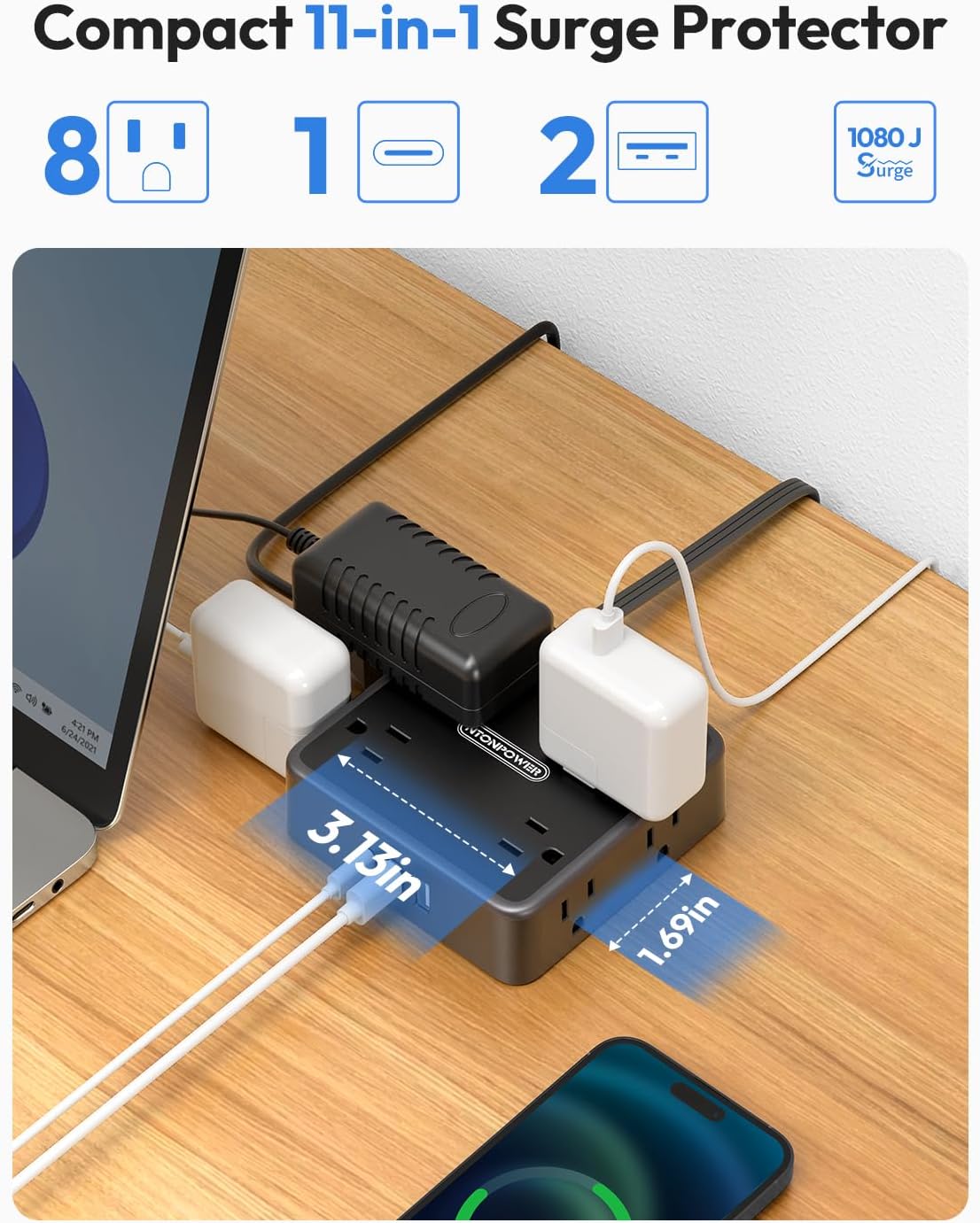 NTONPOWER Flat Extension Cord 25 FT in Black with 8 Widely Outlets 3 USB Ports (1 USB C), 1080J Long Surge Protector Power Strip, Wall Mountable, Flat Plug Desk Charging Station Dorm Room Essentials