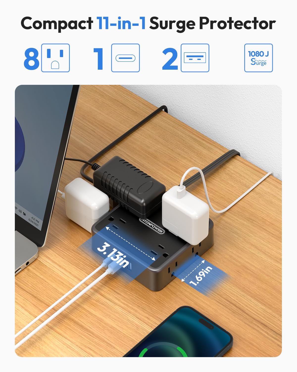 NTONPOWER Extension Cord 25 FT, Black Extension Cord with 8 Widely Outlets 3 USB Ports, Extra Long Extension Cord, 1080J Surge Protector Power Strip