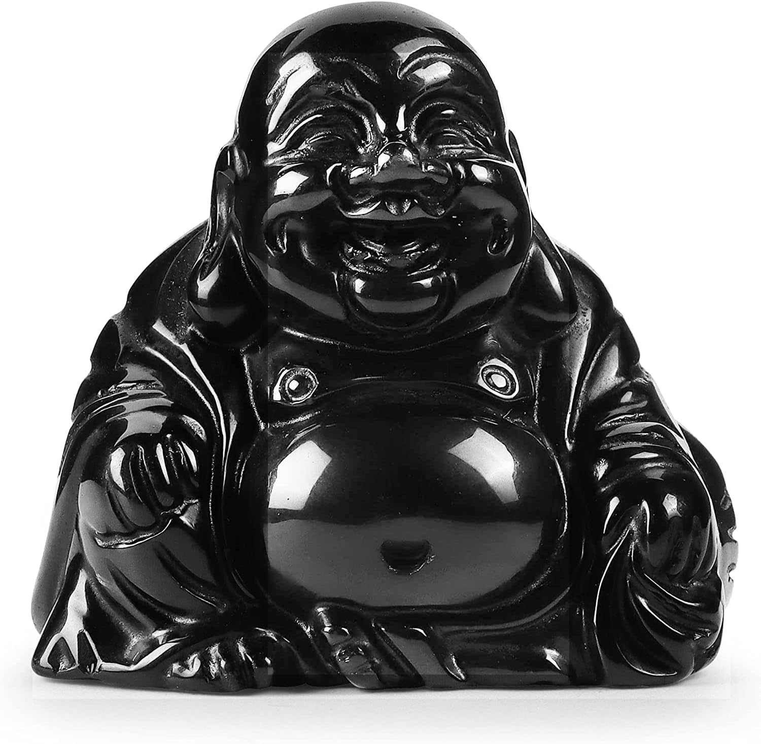 2 Inch Crystal Happy Buddha Statue Hand Carved Laughing Feng Shui Figurines for Good Luck Wealth Happiness Home Decor Gifts (Black Obsidian, 2 inch)