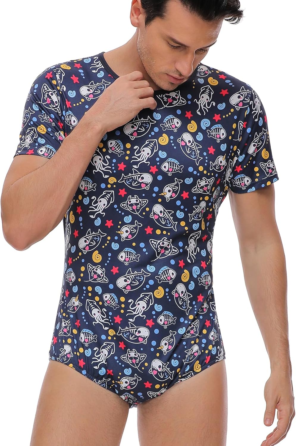 Adult Onesie Pajamas for Mens: Snap Crotch One Piece Shark Blue Bodysuit - Short Sleeve Cute Romper Underwear - Image 2