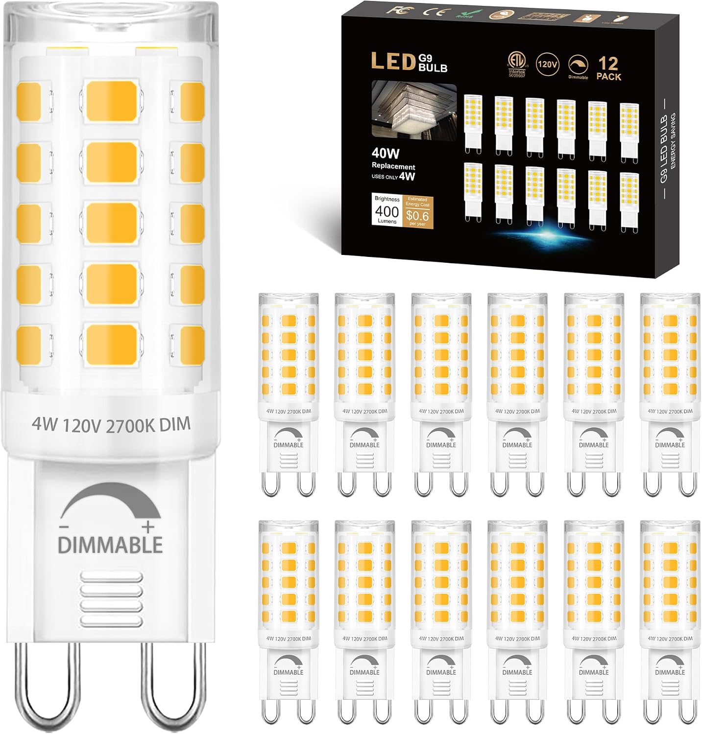 winshine 12 Pack Dimmable G9 LED Light Bulb 40W Equivalent 2700K Soft White