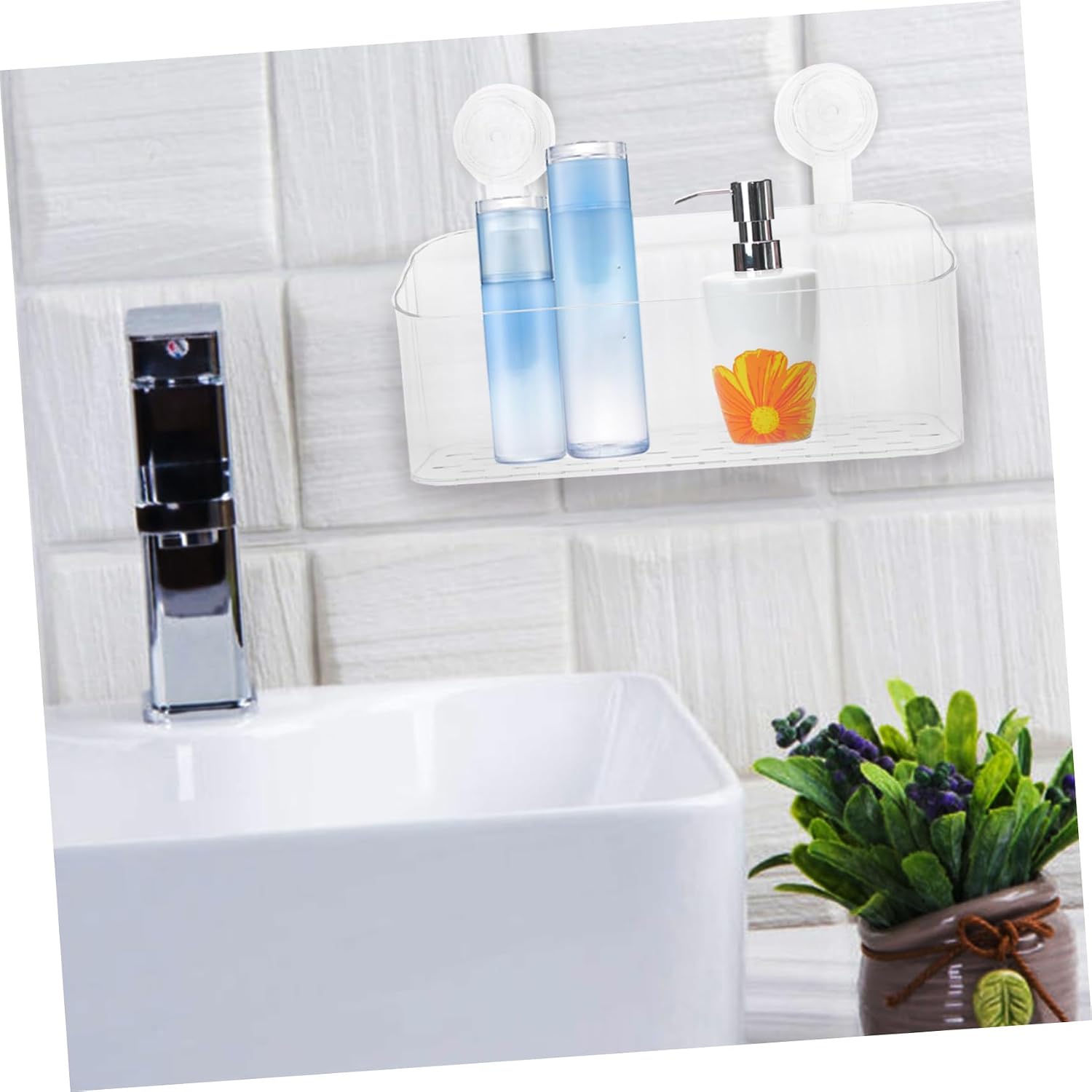 OUNONA Suction Cup Shower Shelf Large Wall-Mounted Bathroom Storage Organizer Non-Drill Design for Shampoo and Conditioner
