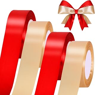 1-1/2 Inch 100 Yards Red and Gold Satin Ribbons Set for Gift Wrapping for New Year Decor, 4 Rolls Fabric Ribbon for Birthday Party Bow Making Floral Craft Sewing