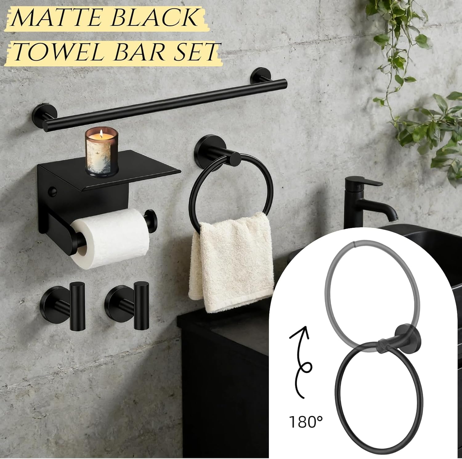 5Pcs Bathroom Hardware Accessories, 24 Inch Matte Black Bath Towel Bar Set, Toilet Paper Holder with Shelf, Stainless Steel Wall Mounted Towel Rack Set, Center Section Removable