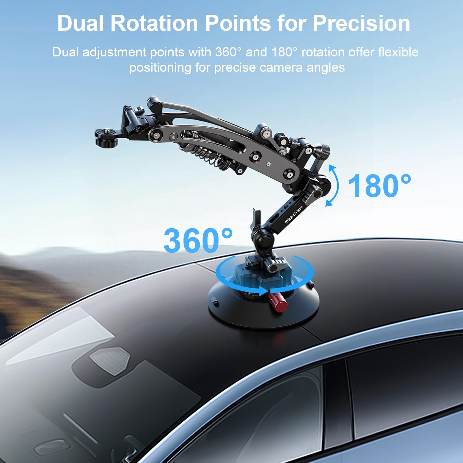 MR01 Braccio idraulico per videocamera MECHRIG - Supporto per auto a ventosa da 15 cm con guida NATO a sgancio rapido, braccio ammortizzatore per DJI Osmo Pocket 3/Inst 360/Go Pro