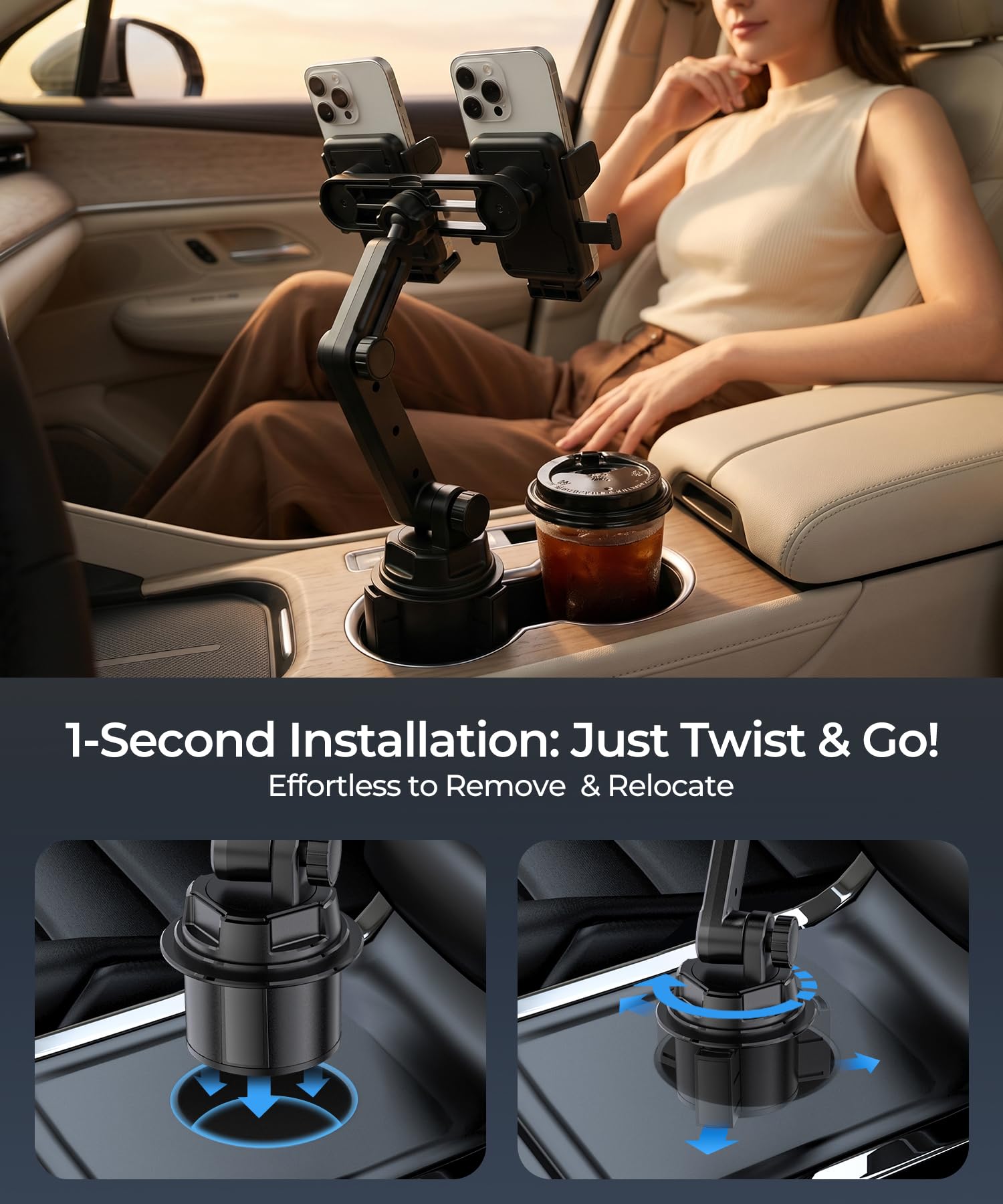 Soporte de teléfono de doble taza para coche, soporte de taza, sostiene 2 teléfonos simultáneamente, soporte universal imprescindible para coche, compatible con iPhone/Samsung/Motorola