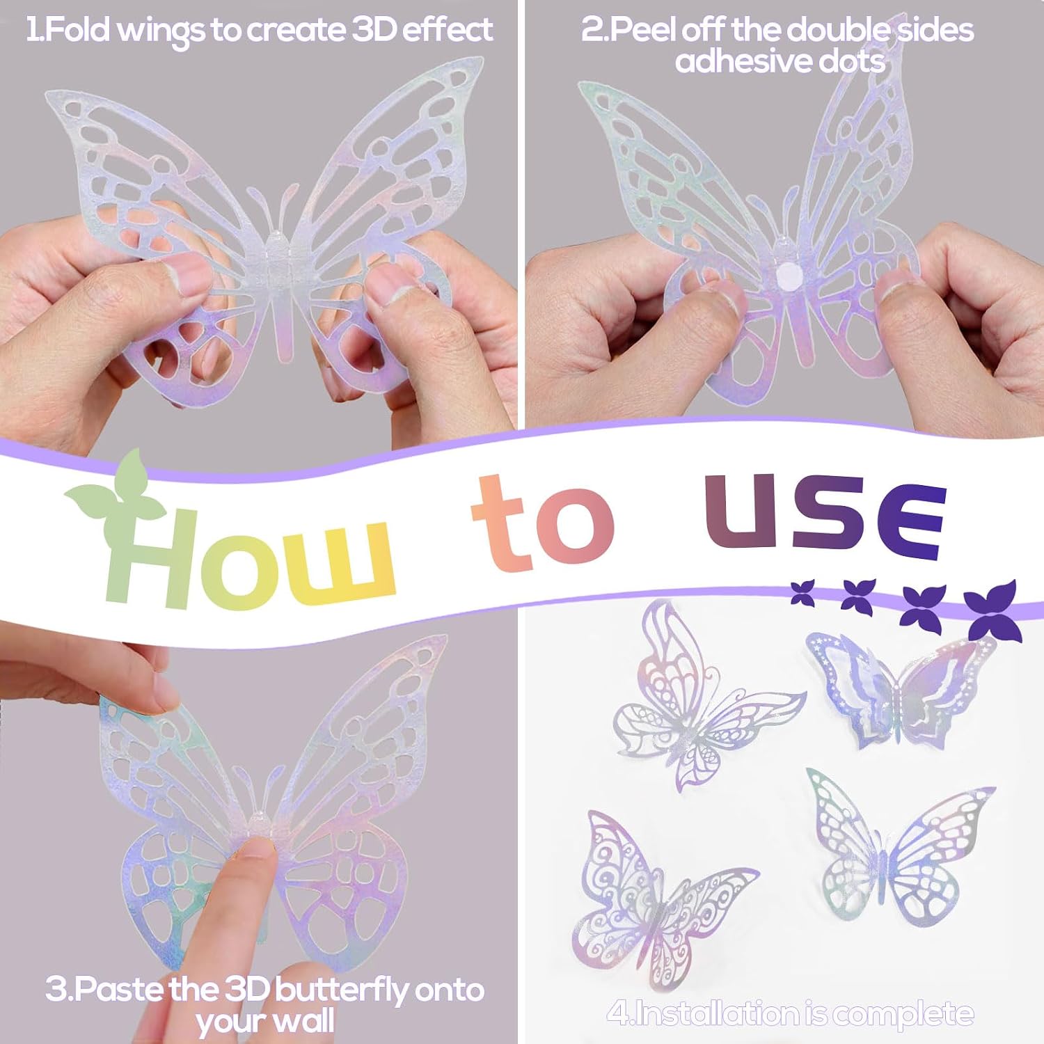 96 Pcs Butterfly Decorations，4 Styles,3 Sizes，3D Butterfly Wall Decor Party Decorations Butterflies for Crafts Birthday & Wedding Celebrations Cake Decorating Balloons Removable Stickers Dazzling thumbnail