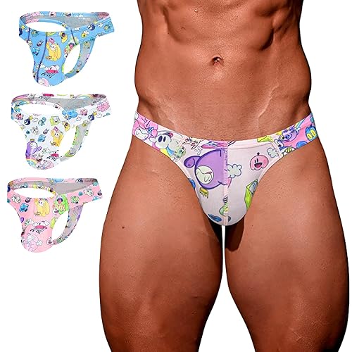 YLCZY Cute Cartoon Thongs High Cross Men's G String Sexy Low Rise Graffiti Print Underwear - White.pink.blue - X-Large
