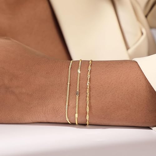 Miniatura 4 de CAROVO Pulseras de Oro para Mujer, Pulsera Chapada en Oro de 14k para Mujer Conjuntos de Pulseras Delicadas Espiga Clip Satélite Caja Cadena