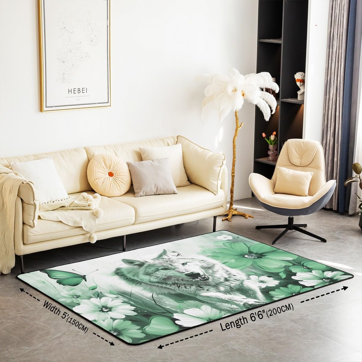 Erosebridal Wolf Area Rug 5x7, Wildlife Flowers Butterflies Carpet for Bedroom Living Room, Safari Animals Non Slip Indoor Floor Mat, White Teal Blue 3D Printed Kids Boys Washable Decorative Rug