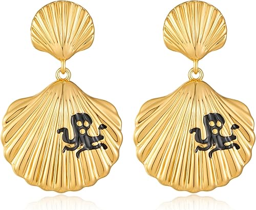 HESSAWELL Gold Shell Drop Earrings for Women, Ocean Style Statement Dangle Earri