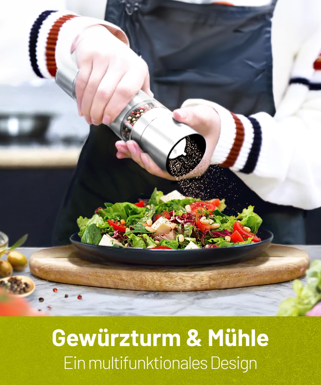 Modulare Salz und pfeffermühle 2 in 1 mit 3 Kammern – Edelstahl Salz Pfeffer Mühle & Gewürzmühle - Pfeffer- und Salzmühle, nachfüllbar & modern