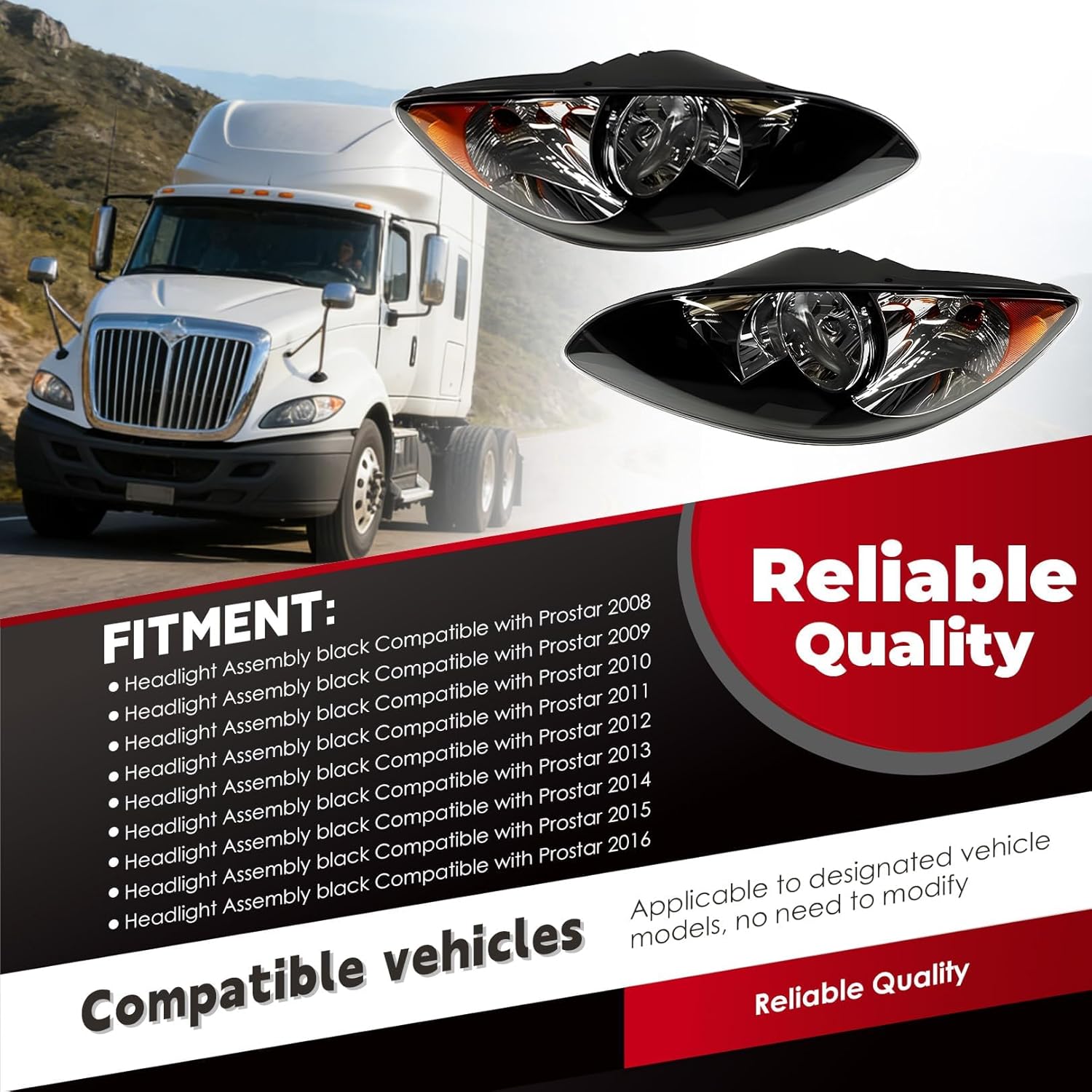 Pair Halogen Headlight Assembly Compatible with Prostar 2008 2009 2010 2011 2012 2013 2014 2015 2016 Black Front Left Right Driver Passenger Side Headlamps Replace 3596016C93 3596015C93