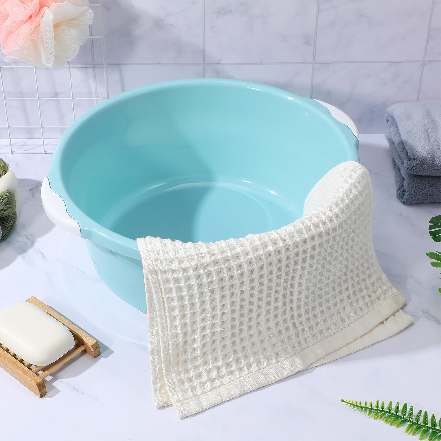 2pcs Plastic Face Washing Basin Large Sky Blue Stackable round Tub
