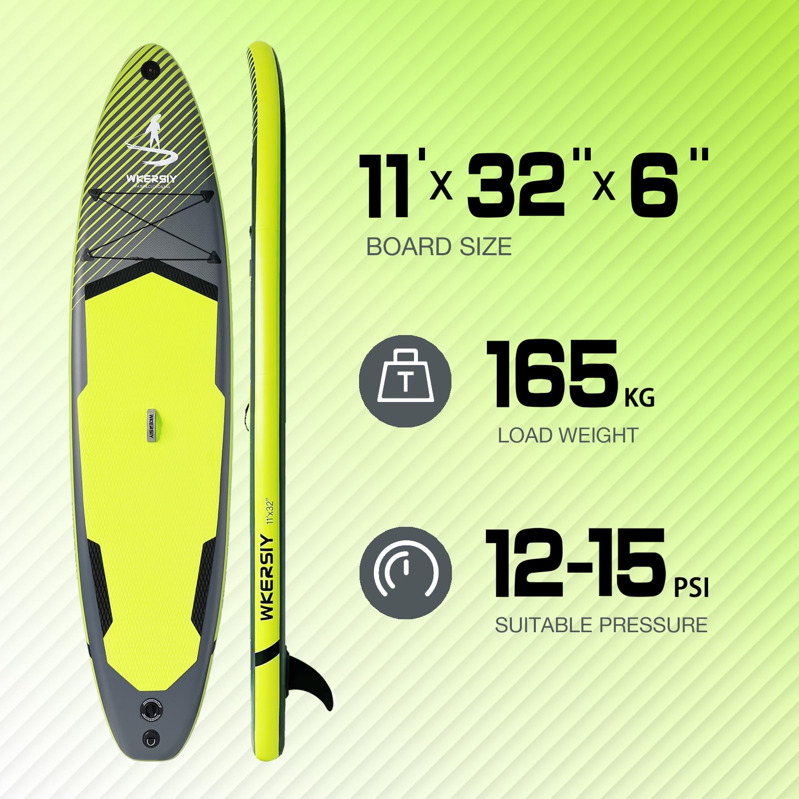 Stand Up Paddle Gonflable 11' (335 cm) - Planche de Sup Stable et Dynamique Noir & Jaune - Design Sportif Haute Visibilité pour Performance, Yoga et Pêche - Kit Complet Pro