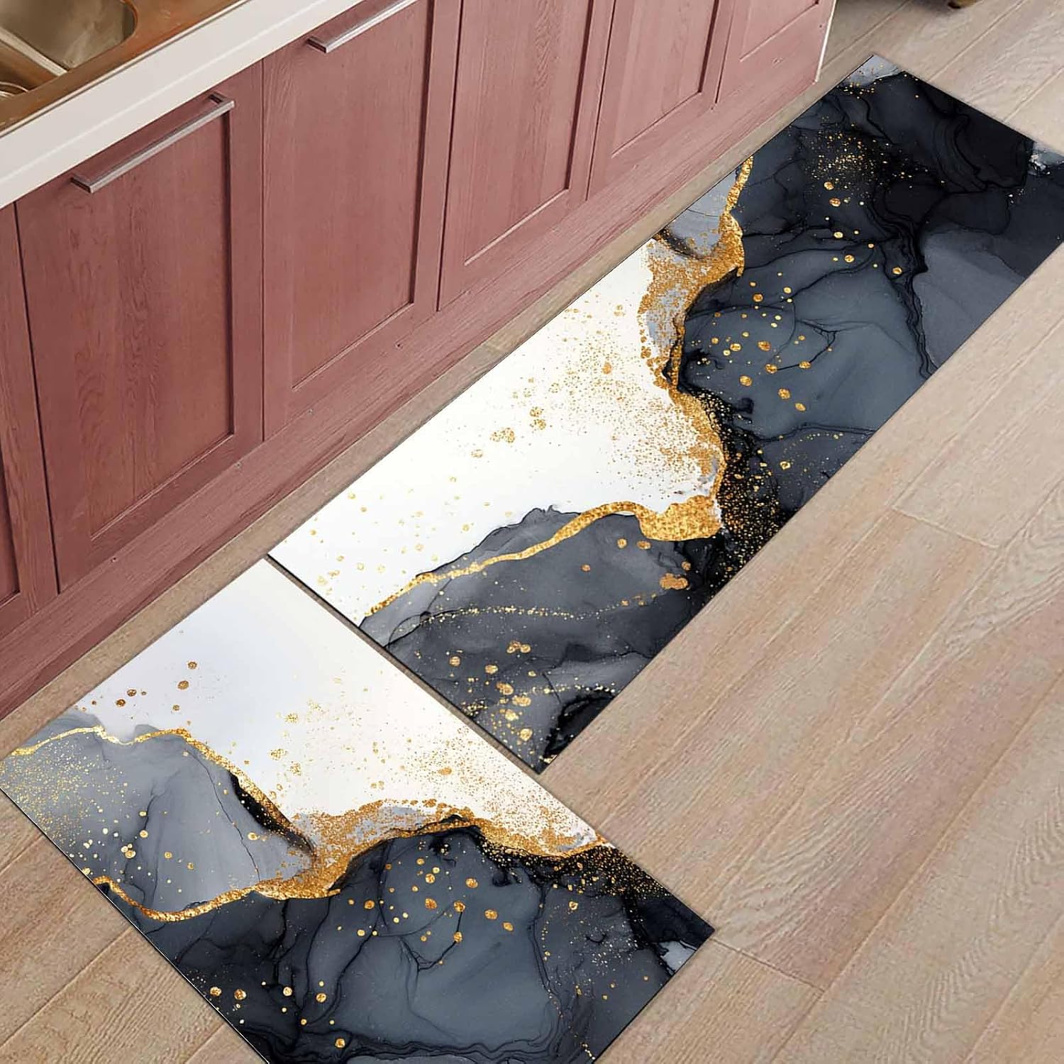 2 Pieces Kitchen Rugs and Mats,Modern Black Gold Mable Fluid Pattern Area Runner Rug Set Non Slip Floor Doormat Washable Carpet Standing Mat for Kitchen Sink Indoor Corridor,Minimalist Marbleized
