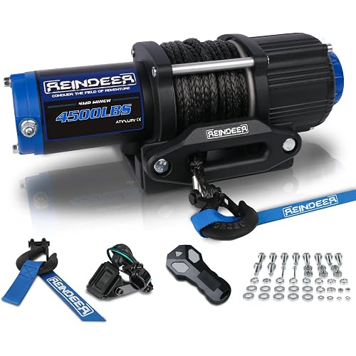 REINDEER Electric Winch Kit 4500lbs with Synthetic Rope, IP67 Waterproof 12V with Wireless Remote & Wired Remote Control Mounting Plate Hook Hawse Fairlead for ATV UTV 4x4 4WD Recovery Towing Boat