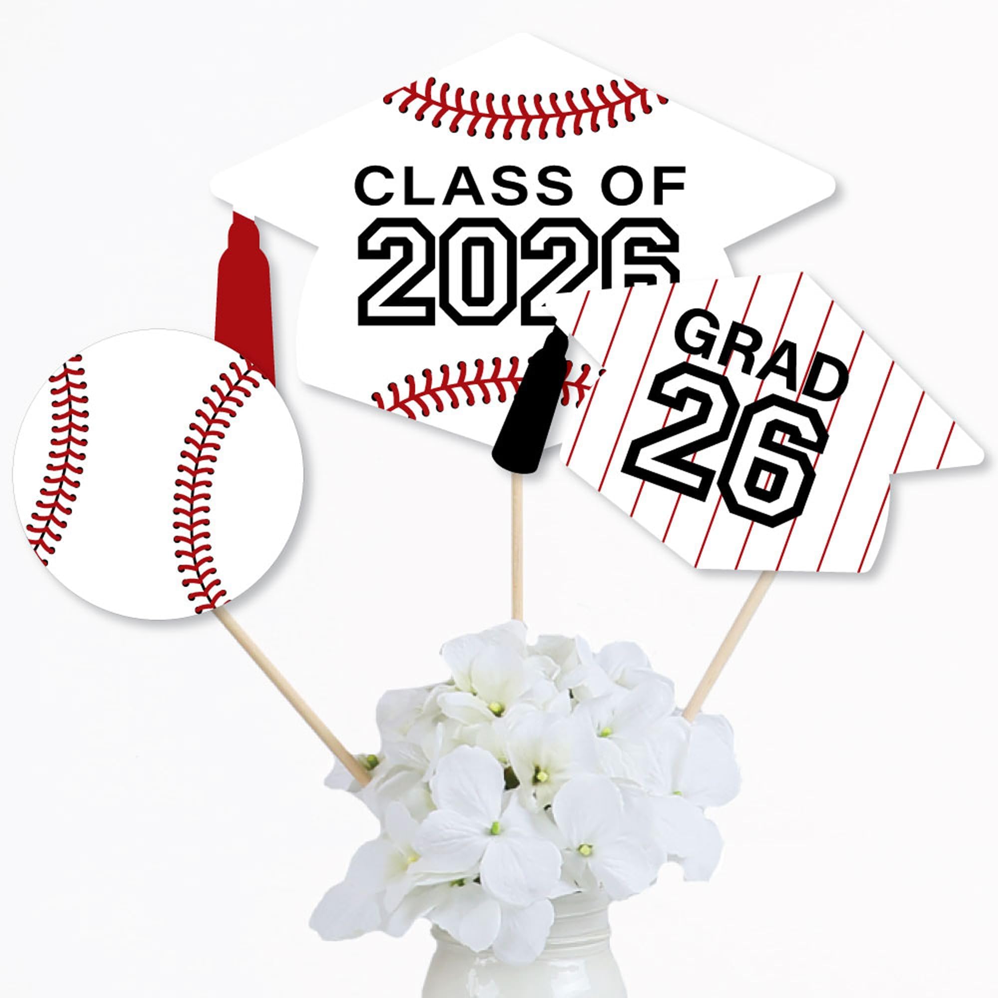 Big Dot of Happiness Grad Baseball - 2026 Graduation Party Centerpiece Sticks - Table Toppers - Set of 15