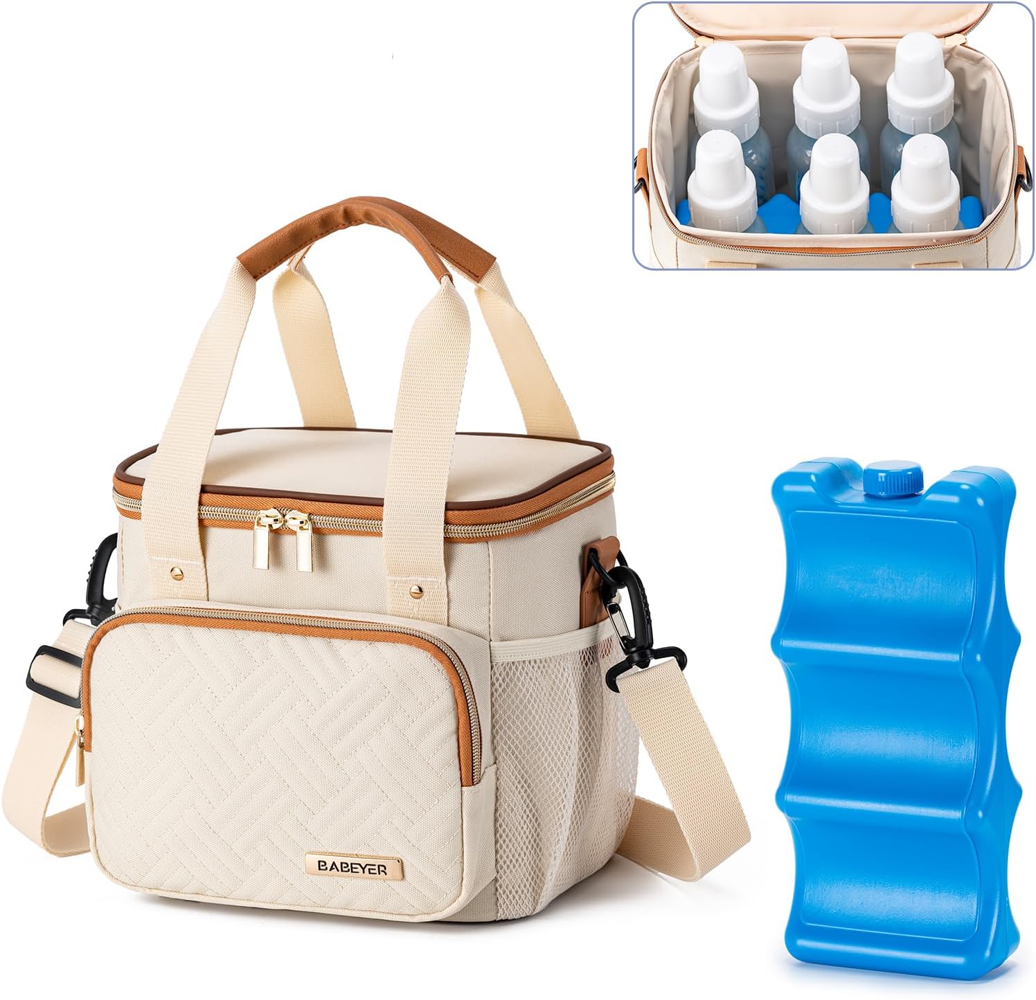 Breastmilk Cooler Bag with Ice Pack Fits 6 Baby Bottles up to 9 Ounce, Breast Milk Pump Cooler Bag for Nursing Mom Daycare, Work, Travel-Cream