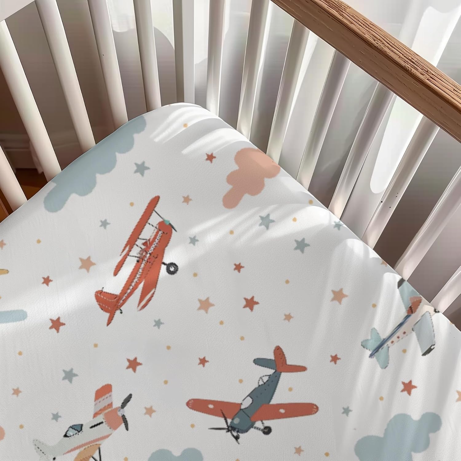 Cartoon Planes Clouds Stars Pattern Baby Sheets for Crib, Unisex Plane Nursery Fitted Bed Sheet for Boys Girls Standard Crib and Toddler Mattress-28x52