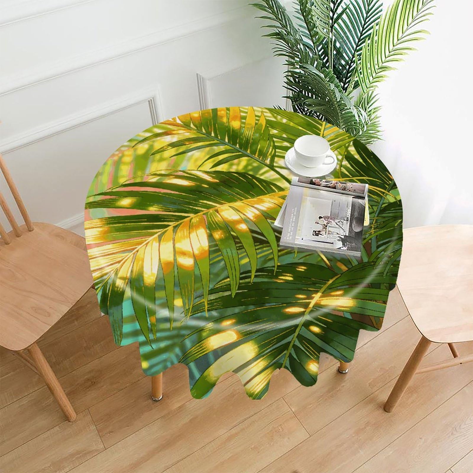 FekiLoot Tropical Palm Leaves Round Tablecloth Cover 60 Inch Wrinkle Free Washable Polyester Fabric Table Cover Decorative Round Table Cloth for Home Dining Kitchen Party Farmhouse