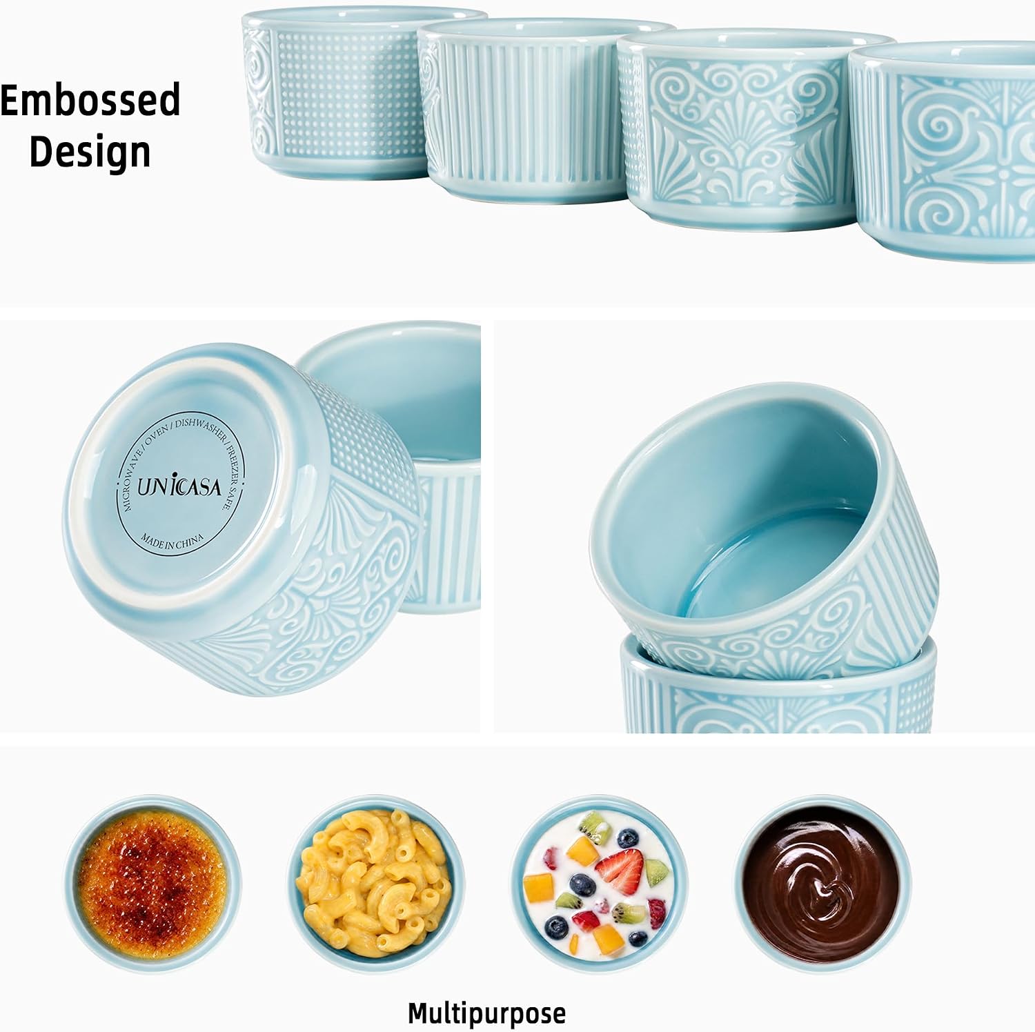 10 oz Embossed Ceramic Ramekins, Set of 4 for Creme Brulee