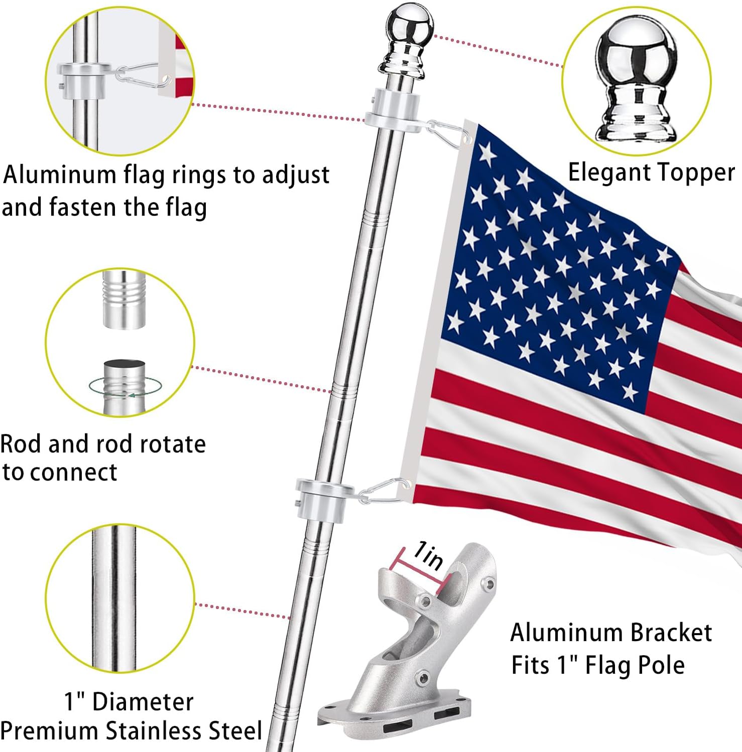No Tangle Flag Pole Kit, 6ft Flag Pole for Outside House, Stainless Steel 1" Flagpole with Tangle Free Aluminum Flag Rings and Holder Mounting Bracket, 1 inch Flag Poles for 3x5 Flags Outdoor, 6 ft - Image 2