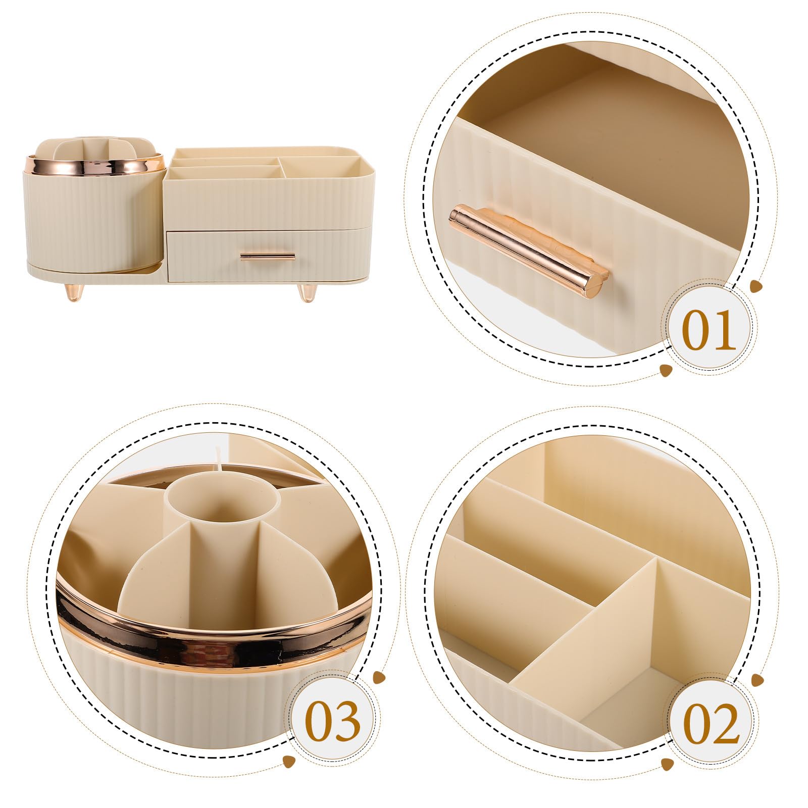 Soporte giratorio para brochas de maquillaje, organizador de maquillaje con compartimentos y práctico cajón, plástico beige, diseño elegante y elegante para almacenamiento de encimera de