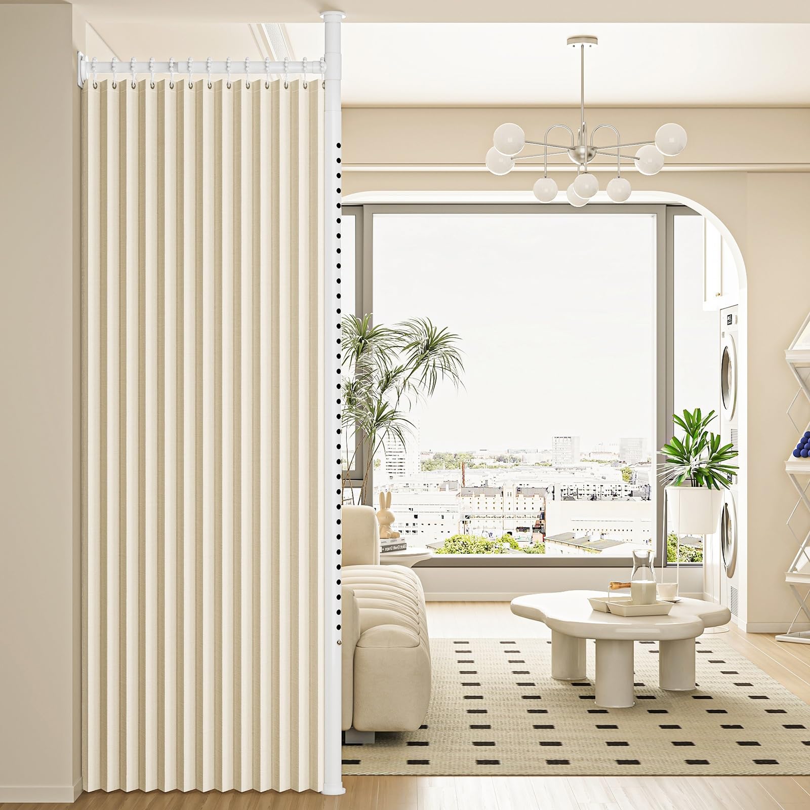 NoDrill Raumteiler-Vorhänge, verstellbar, schalldicht, dünn, Verdunkelungsvorhänge, freistehend, Sichtschutz-Trennwände für Schlafzimmer, Beige (0,9 m1,5 m Breite)
