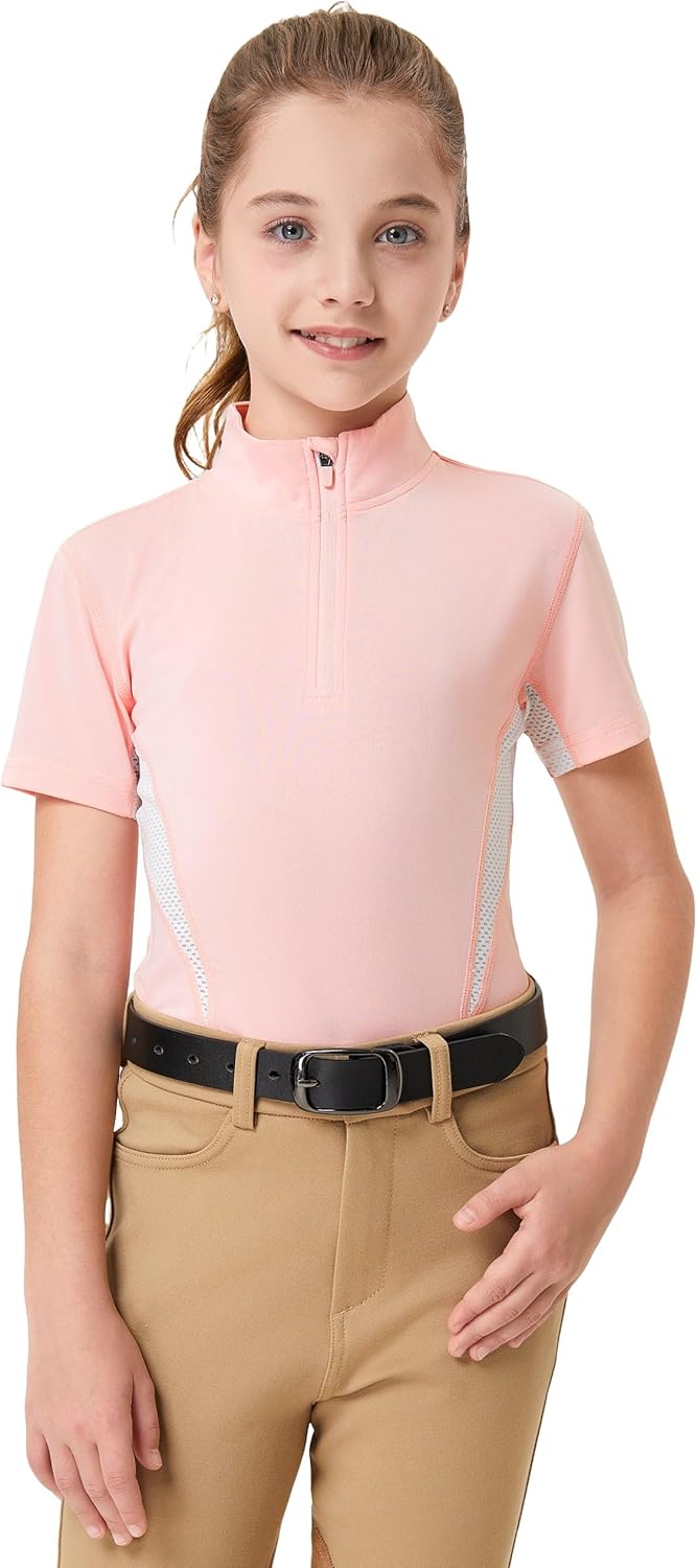 FitsT4 Sports Girls Short Sleeve Equestrian Shirt Quick Dry Horse Riding Shirts Half Zip Horseback Show Shirt
