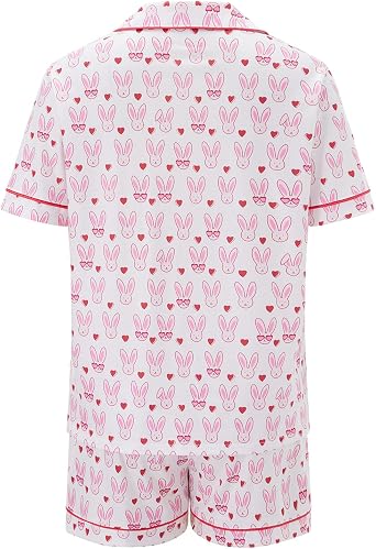 Felcia Women Easter 2 Piece Pajama Shorts Set Cute Bunny Print Short Sleeve Button Shirt and Wide Leg Shorts Roller Rabbit Sleepwear