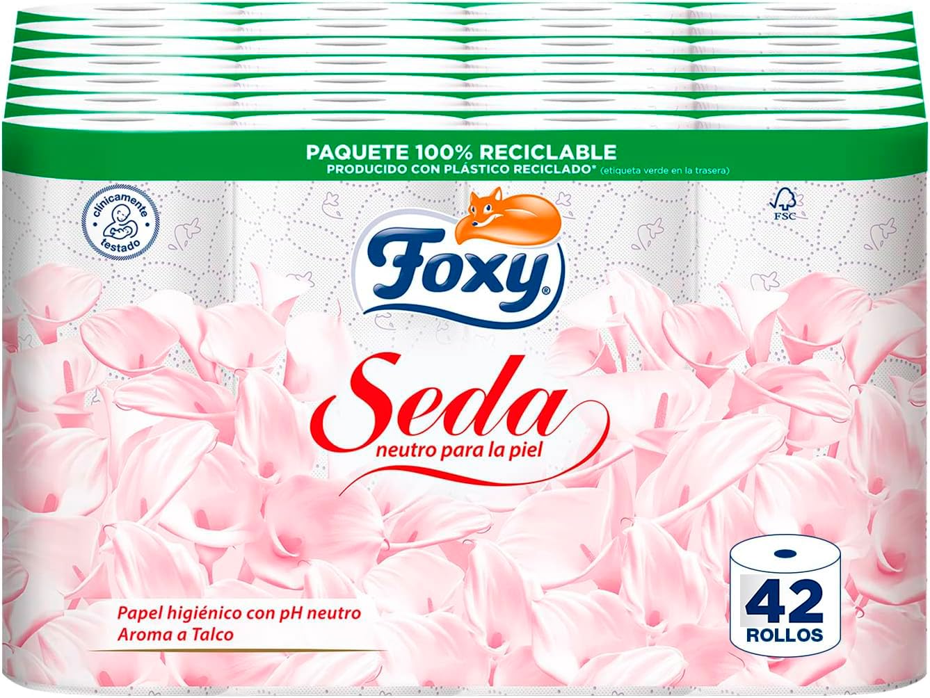 Foxy Seda | Papel higiénico neutro sobre la piel | 28+14 rollos, 28 + 14 gratis| 173 servicios por rollo | 3 capas de alto grosor | Papel 100% certificado FSC | Paquete 100% reciclable blanco (7)