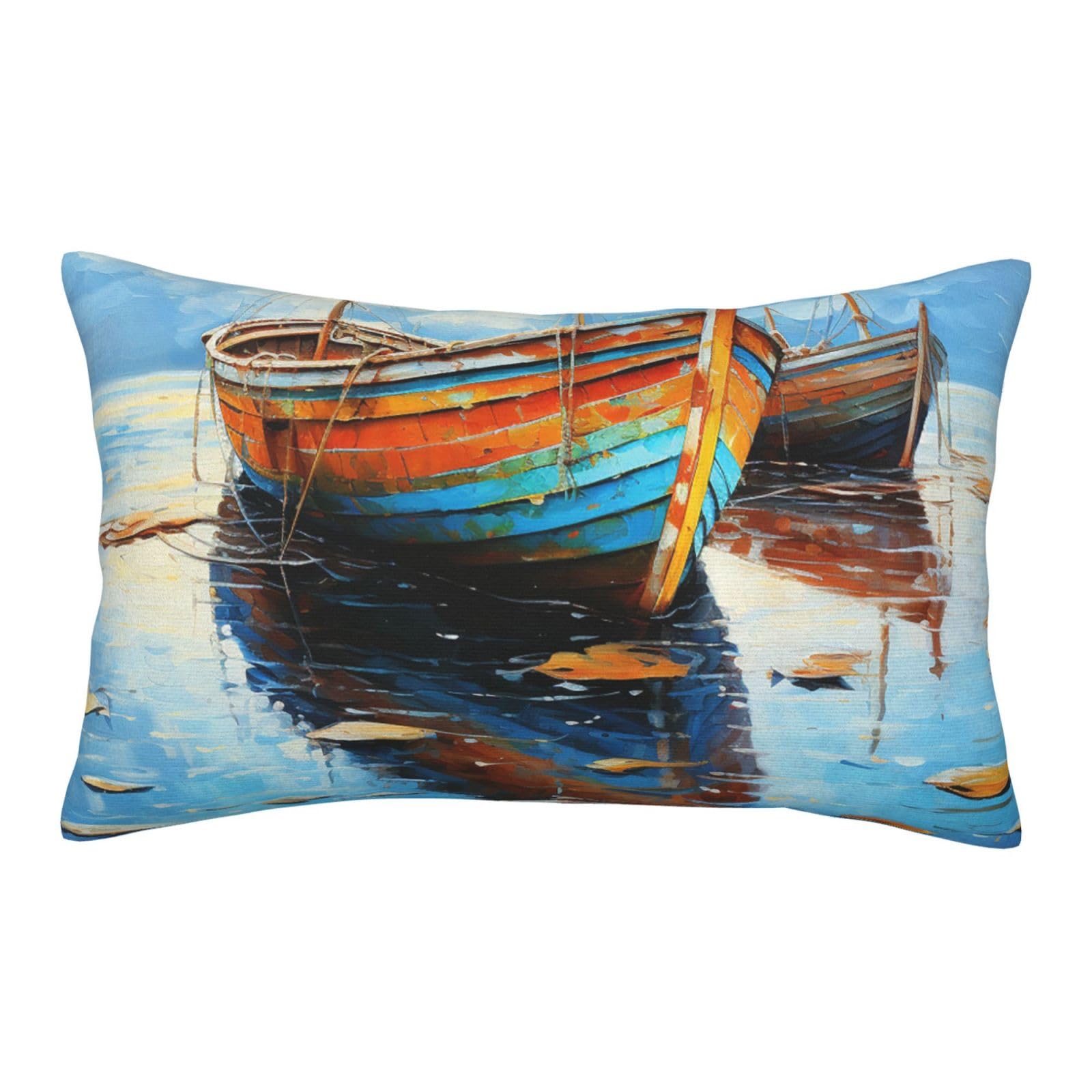 Velvet Pillowcases 14"x20" Ultra Soft Breathable Pillow Cases, Luxury Fuzzy Throw Pillow Covers with Zipper, Boats and Sea Oil Paintings Pillow Shams All Seasons Decorative Cushion Cases for Couch