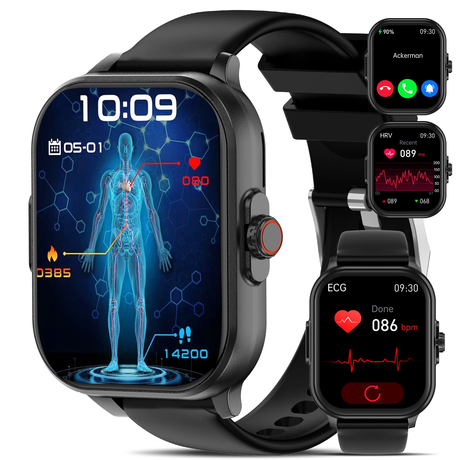 Smartwatch Donna Uomo,2.01"ECG+HRV/Rispondi/Effettua una chiamata 𝐆𝐥𝐢𝐜𝐞𝐦𝐢𝐚 Orologio 2025 con meteo Frequenza cardiaca Stress emotivo SPO2 di pressione sanguigna Sonno fitness sportivo Nero