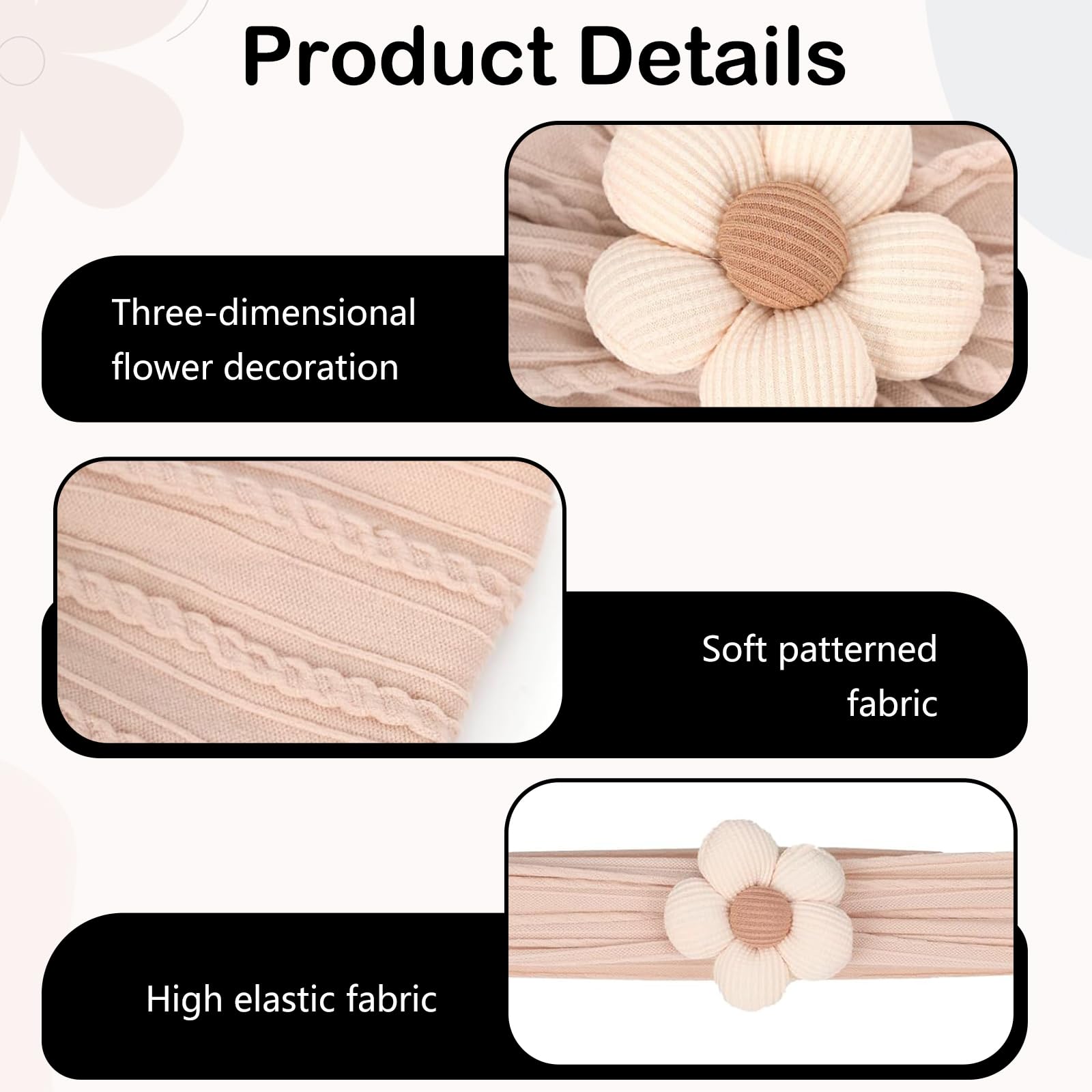 Wbgraceful 3Pcs Baby Flower Headbands, Flower Baby Girl Headbands Nylon Newborn Headbands Infant Headbands,for Newborn Baby Girls Infant Toddlers Kids Birthdays Photo Props (Khaki/Pink/Beige) - Image 3