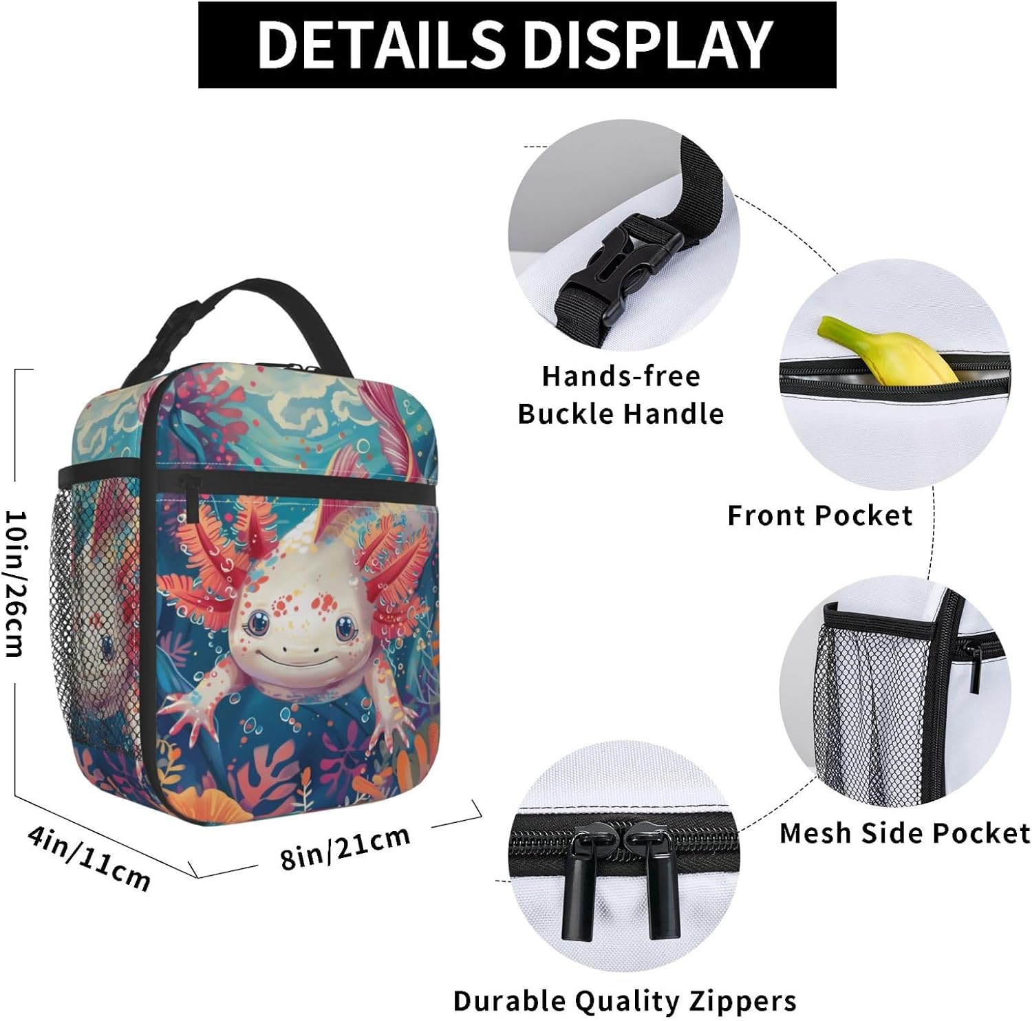 Axolotl Insulated Lunch Box for Women Men Axolotl Lunch Bag for Work,Picnic,Travel,Hiking,Beach or Fishing Polyester Axolotl Lunch Box