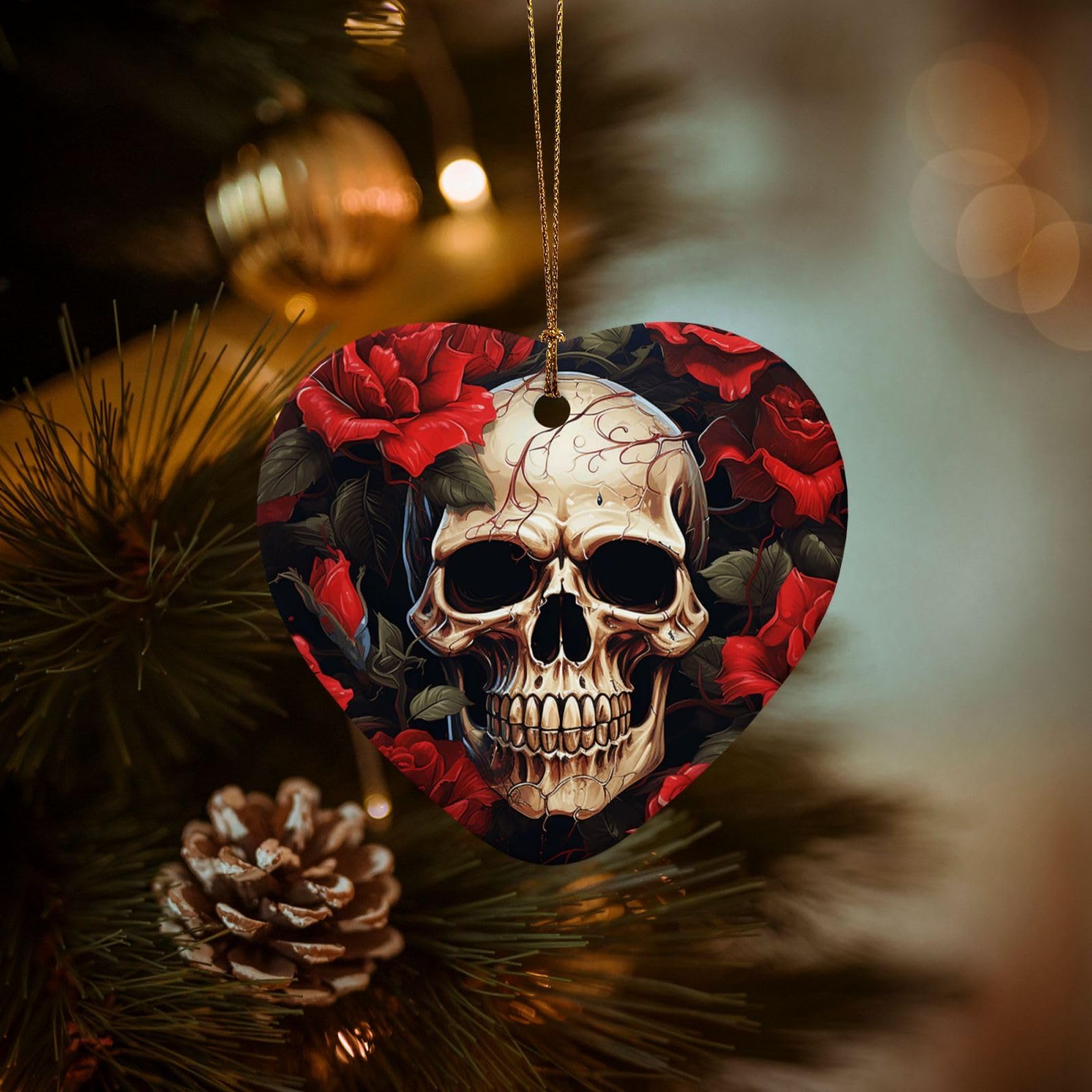 Christmas Ornaments for Christmas Tree Decoration Hanging Skull Rose-Red Ornament with Gold Ribbon Crafts Heart Shape Ceramic Pendant for Keepsake Gifts Xmas Decor Party Supplies