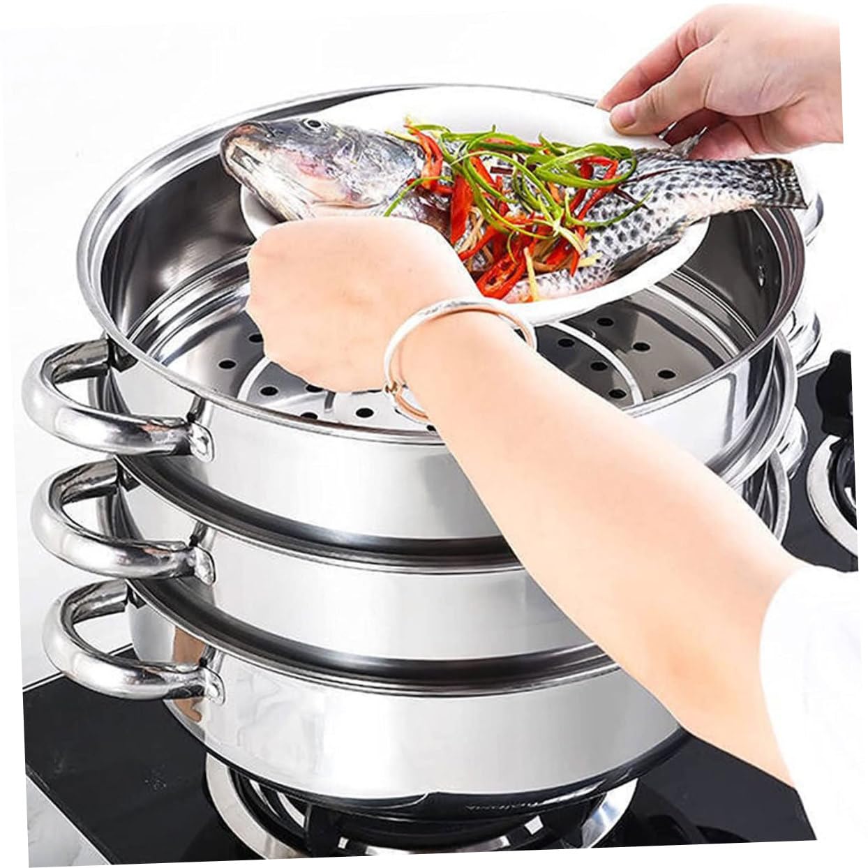Ciieeo Edelstahl Dampfgarer 28cm mit 3 Schichten Glasdeckel und Viel Platz für Suppe und Gemüse Mehrlagiges Design für Schonendes Kochen im Haushalt