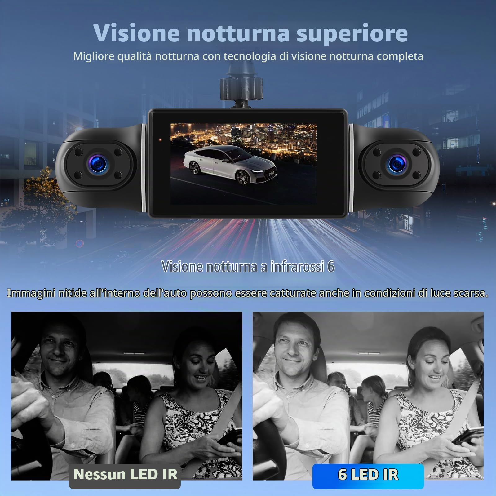 Dash Cam 1080P, Dash Cam a 4 Canali Anteriore e Posteriore Interna, Dash Camera con Schermo IPS da 3 Pollici con WiFi, Visione Notturna, Sensore G, Registrazione in Loop, Monitoraggio Parcheggio 24H