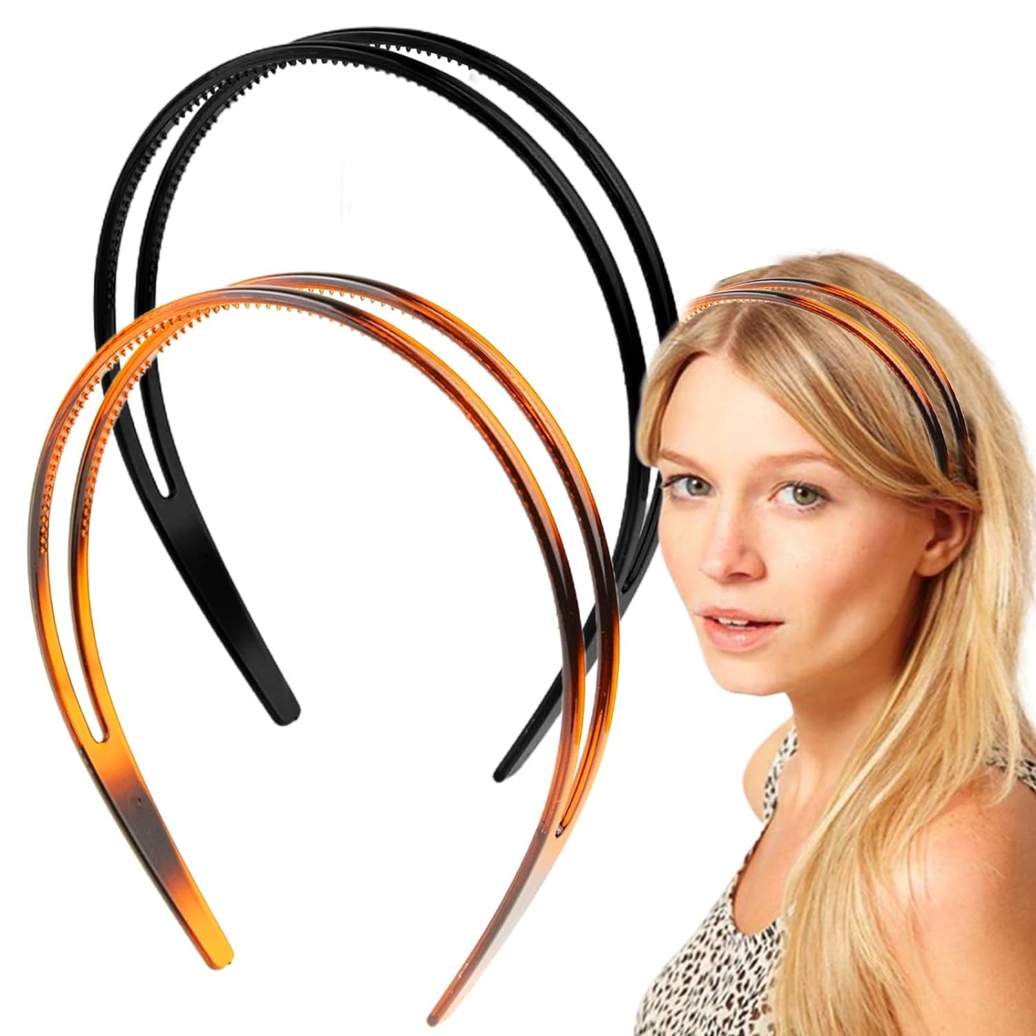 2Pcs Simple and Fashion Double-layer Plastic Headbands Fine Tooth Hairband Hair Hoop Hair Acessories for Women's Lady Girls (Black +Brown)-image-49